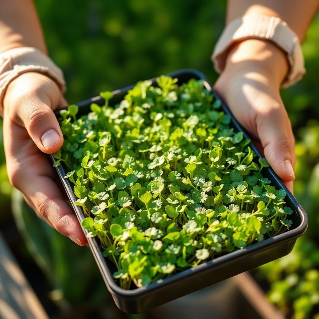 Hands holding fresh microgreens tray